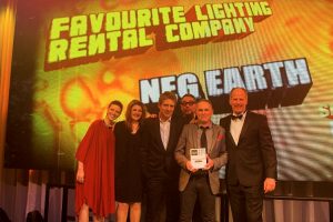 Favourite Lighting Rental Company pic: L-R Lindsey Markham, Caroline Beverley, Julian Lavender (all from Neg Earth Lights) TPi Awards 2014 Presenter Huey Morgan, Dave Ridgway (MD, Neg Earth) and Bob Schacherl, CEO of Robe Lighting Inc.